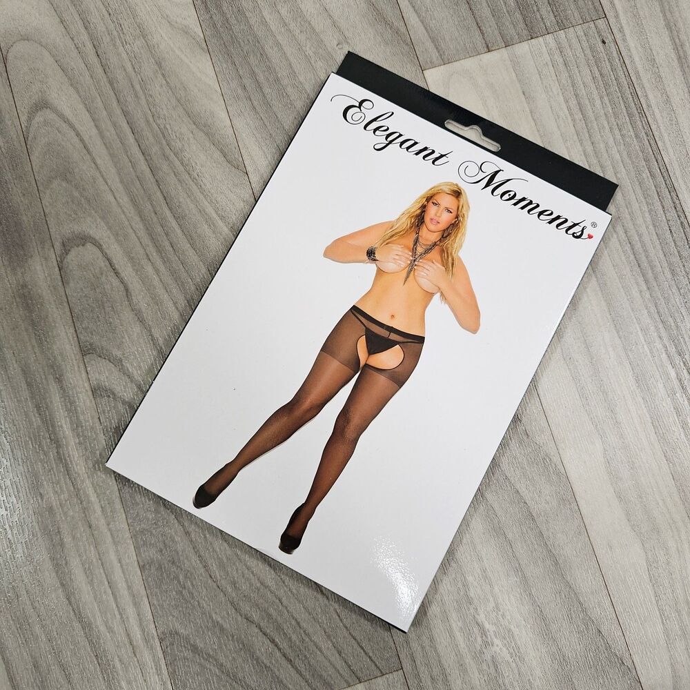 Elegant Moments Black Sheer Crotchless Pantyhose Queen Size Style 1726Q NWT
